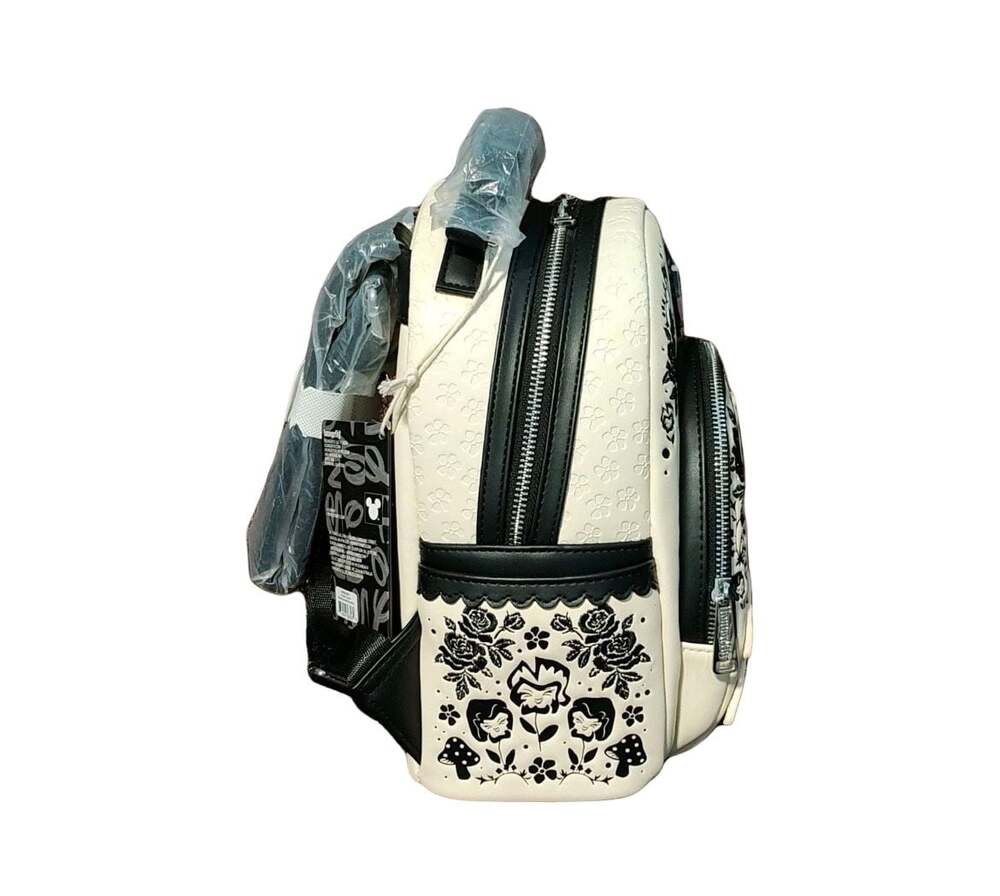 Loungefly Disney Alice in Wonderland Black and White Floral Mini Backpack with 3 - Picture 4 of 6